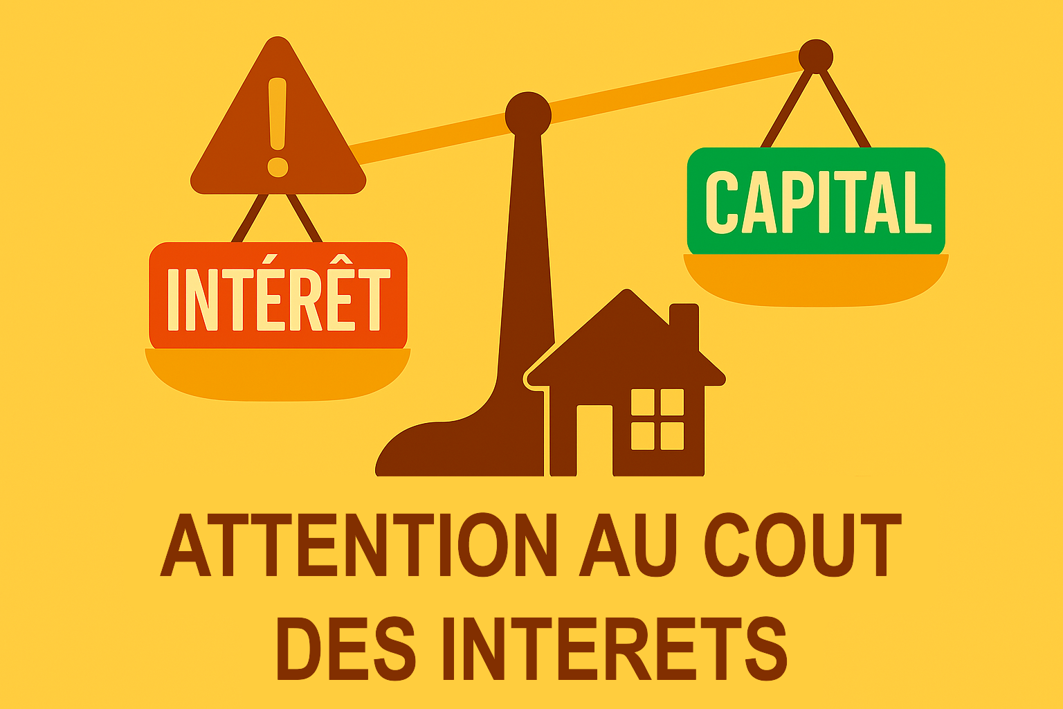 Comment calculer un prêt immobilier ? Illustration d'une maison avec une balance comparant la part d'intérêts et la part de capital dans un prêt.