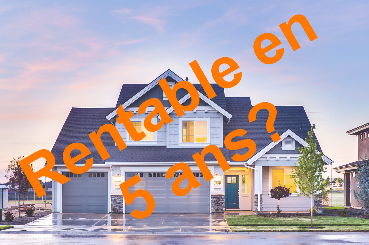 Maison individuelle avec le titre 'Rentable en 5 ans ?' sur l'image, illustrant la question de la rentabilité de l'achat d'une résidence principale.