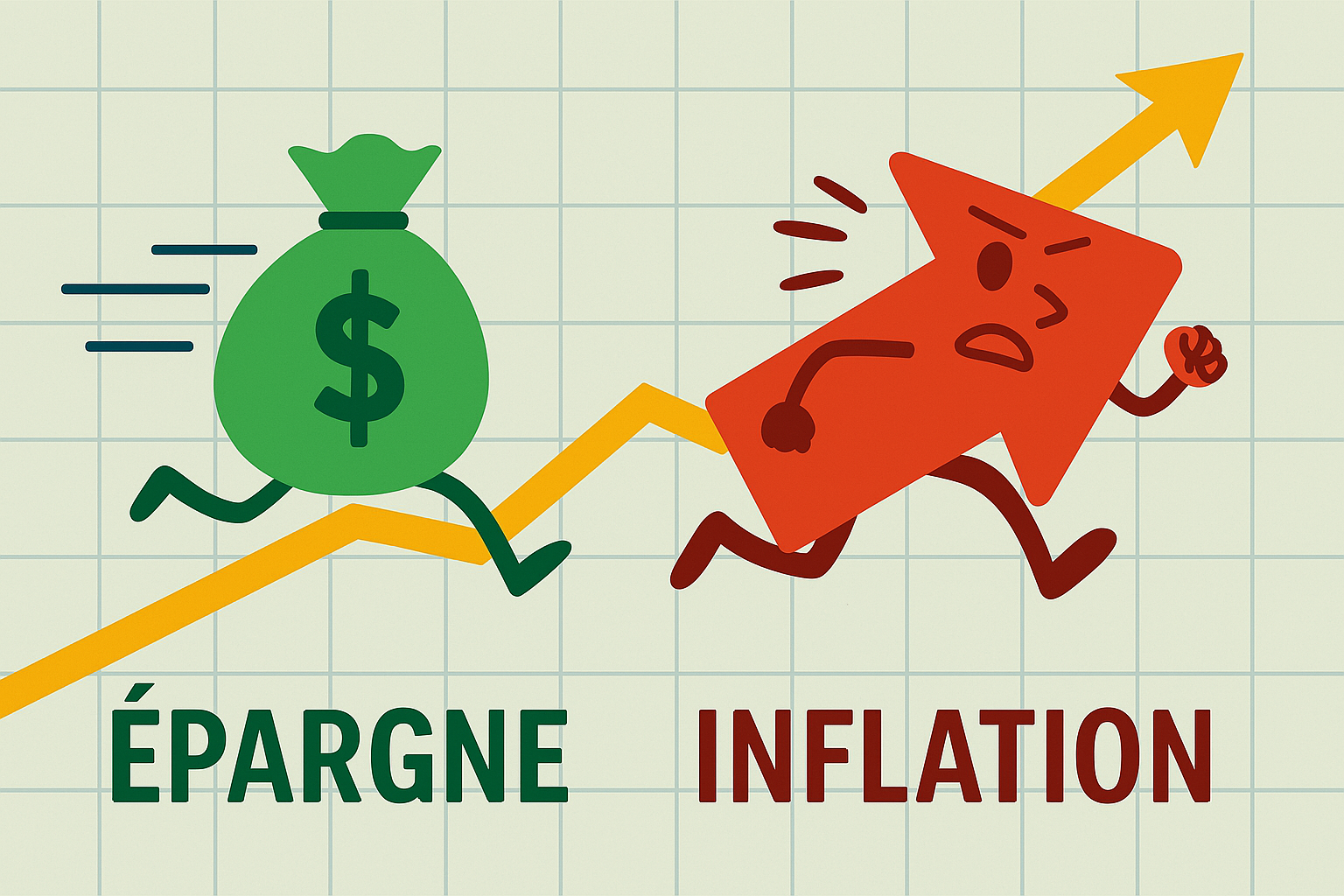 Illustration de l'impact de l'inflation sur l'épargne, mettant en scène une course dynamique où l'inflation tente de rattraper les économies.