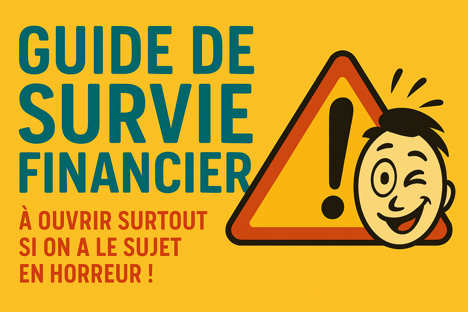 Vignette colorée et dynamique pour l'ebook "Guide de survie financier", mettant en scène un personnage complice qui fait un clin d'œil.