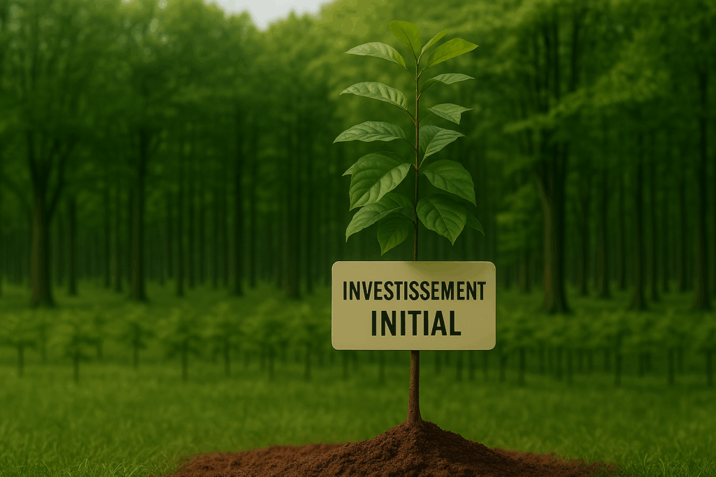 Illustration du principe des intérêts composés représenté par un arbre initial marqué "Investissement initial", entouré d'une forêt en pleine croissance.