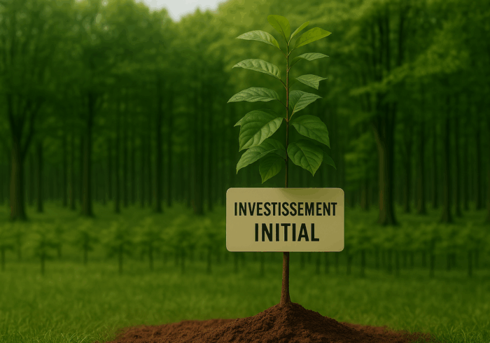 Illustration du principe des intérêts composés représenté par un arbre initial marqué "Investissement initial", entouré d'une forêt en pleine croissance.