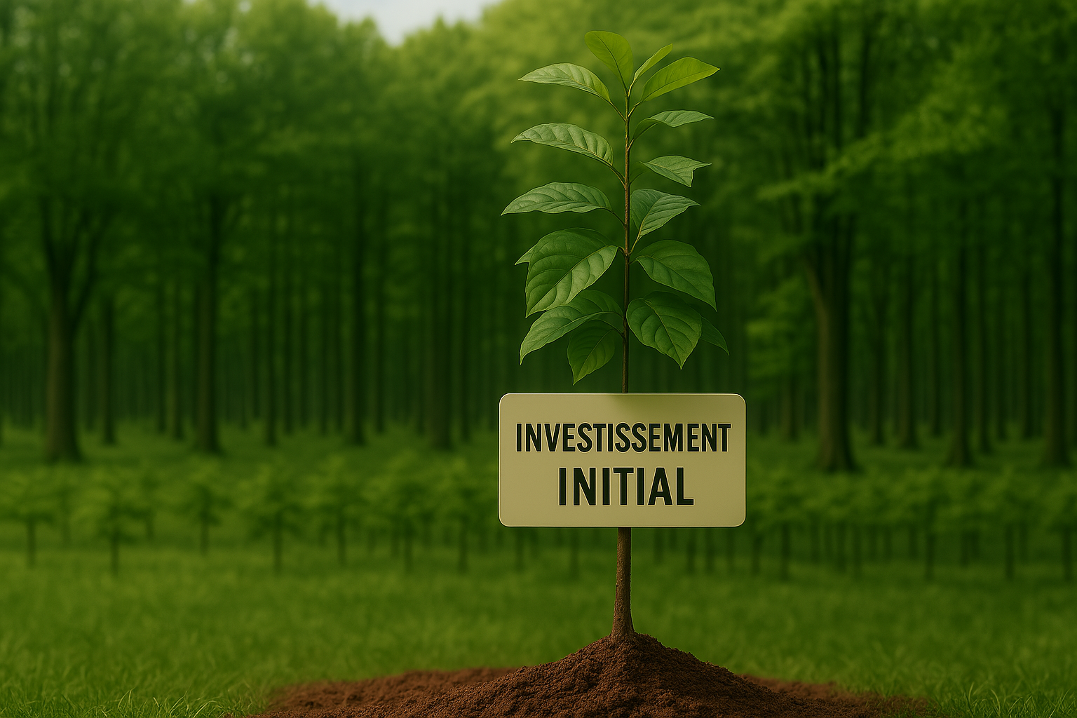 Illustration du principe des intérêts composés représenté par un arbre initial marqué "Investissement initial", entouré d'une forêt en pleine croissance.